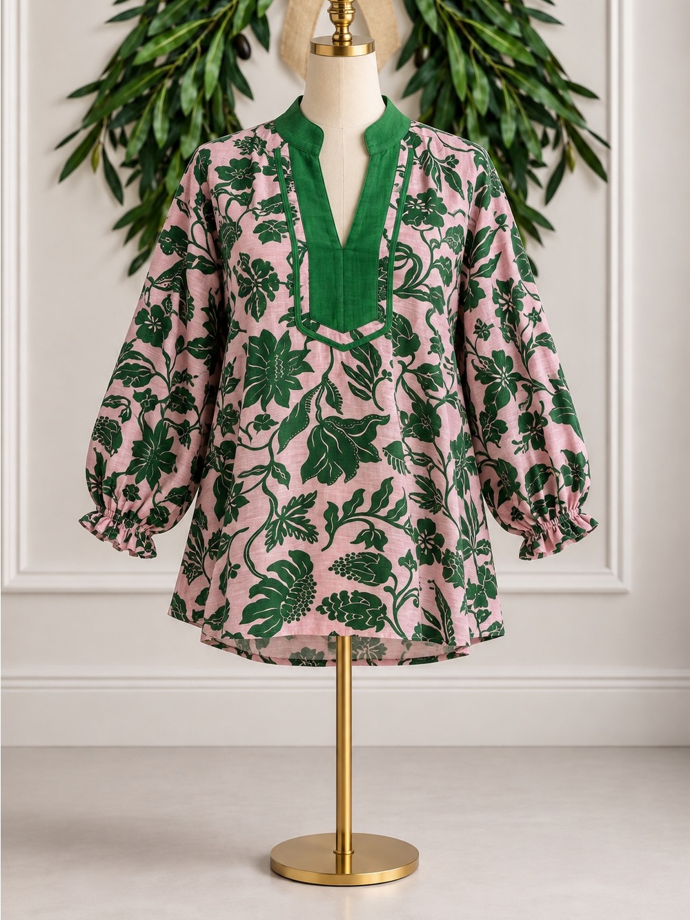 Umgee NWT Pink Green Floral Tunic Blouse Large Tropical Preppy Resortwear Cruise
